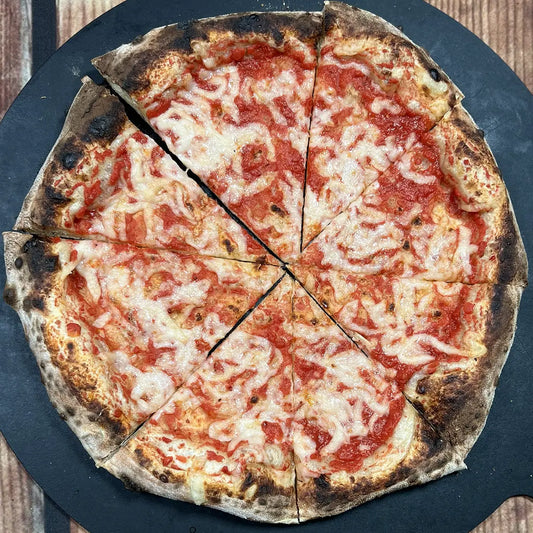 Vegan Cheese Pizza from Fire & Char - Creamy Be-Hive vegan mozzarella on house tomato sauce. Best vegan cheese pizza in Richmond & Henrico, VA.
